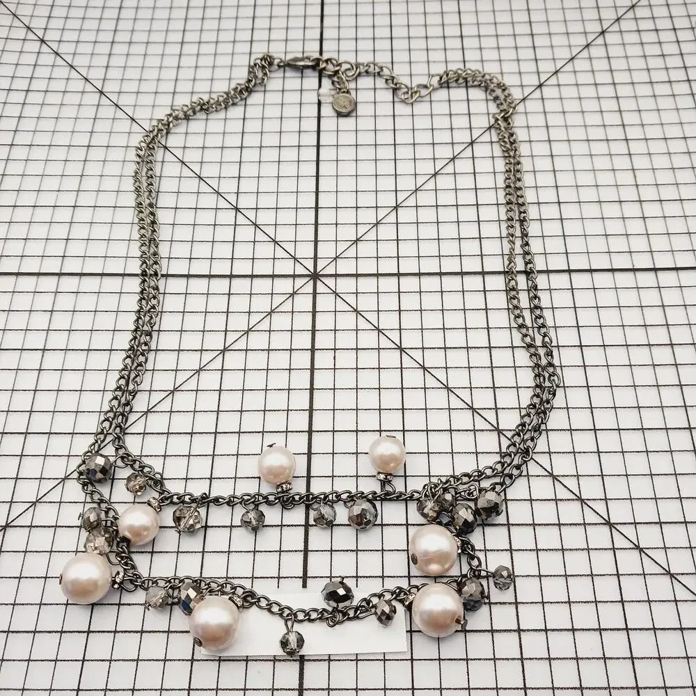 Necklace Chain Statement Faux Pearl Crystal Gunmetal Silver Tone Logo Charm 16